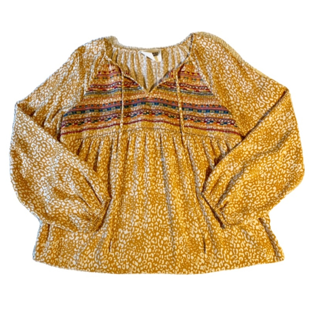 Savanna Jane Marigold Leapard Print Embroidered Blouse (Yellow) Size Large